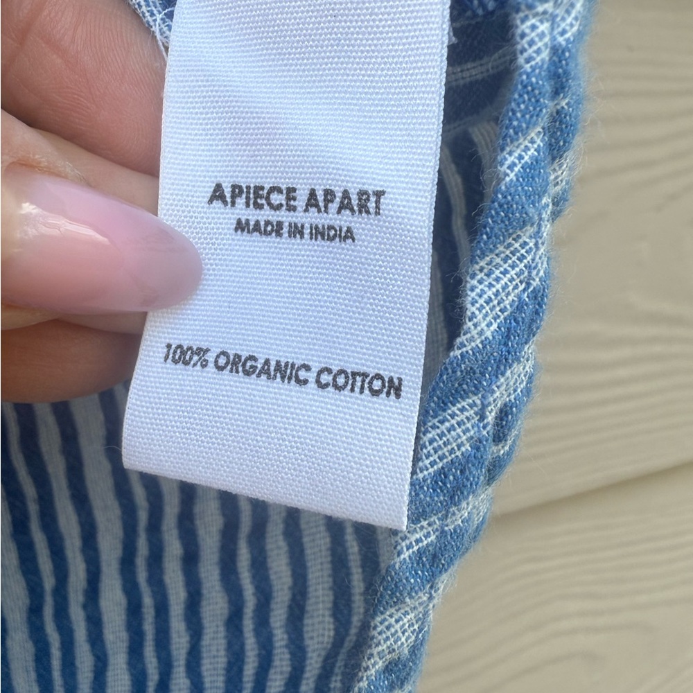 Apiece Apart Los Altos Top Blue Seersucker Stripe Puff Sleeve Henley - Picture 9 of 13